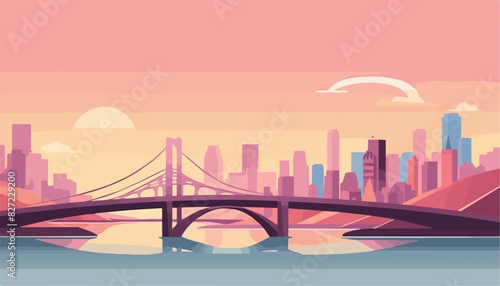 Vector illustration of a bridge over the river in the city. Flat style design.