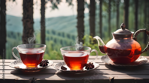Turkish tea and teapot in front of the forest view, Generative AI