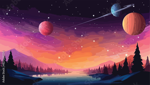 Night landscape with a lake and planets in the sky. Vector illustration