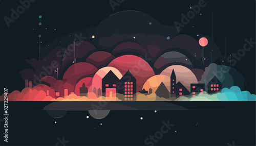 Night city landscape. Cityscape in flat style. Vector illustration.