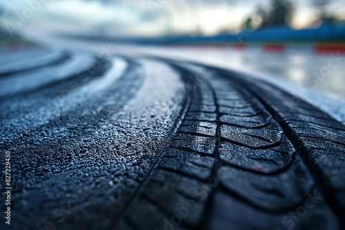 Tire marks on a racetrack, demonstrating highspeed performance focus on, motorsport, futuristic, racetrack backdrop