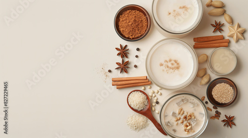 flat lay of various types of warm milk with spices and rice on a white background  minimalistic concept 