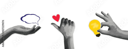trendy halftone design, concept of online business and social networks, magazine style, hands holding hearts ideas and message