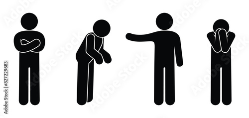 stick figure man icon, sad people, silhouettes isolated