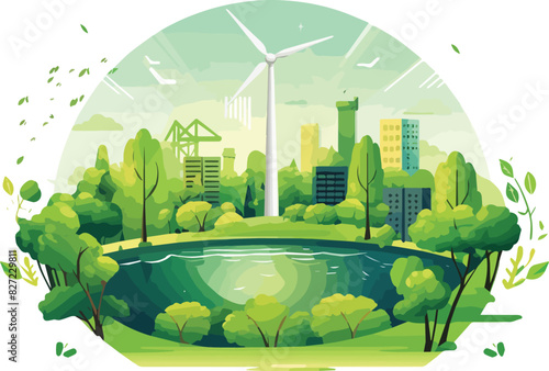 Green city landscape with wind turbines and trees. Eco friendly vector illustration.