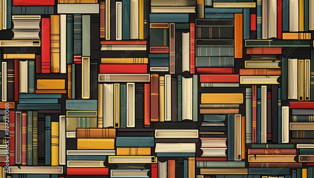 A seamless pattern of books in various sizes and colors, arranged to create an abstract grid design A seamless pattern of books in various sizes and colors, arranged to create an abstract grid design