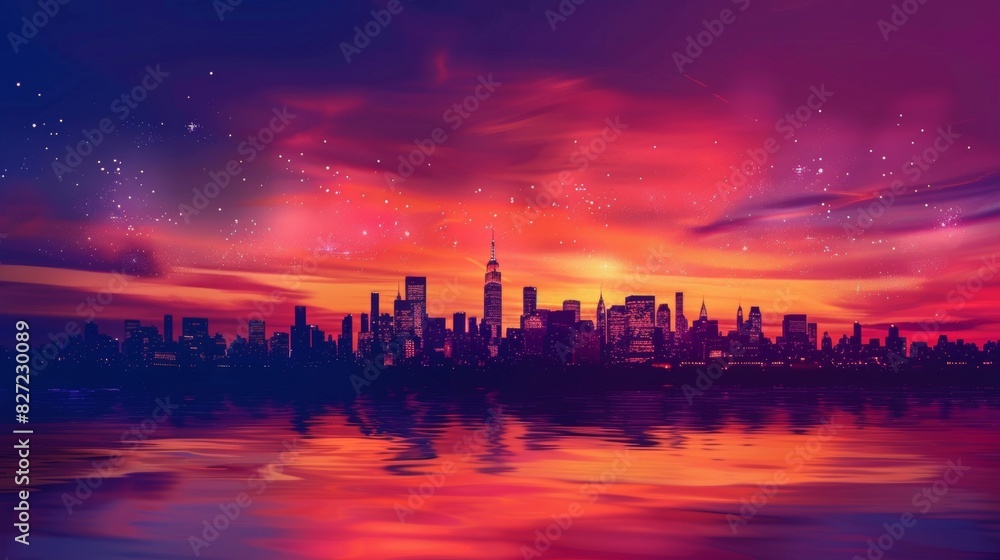 Fototapeta premium Stunning views of the city skyline in the distance. The silhouette contrasts with the colorful sunset.