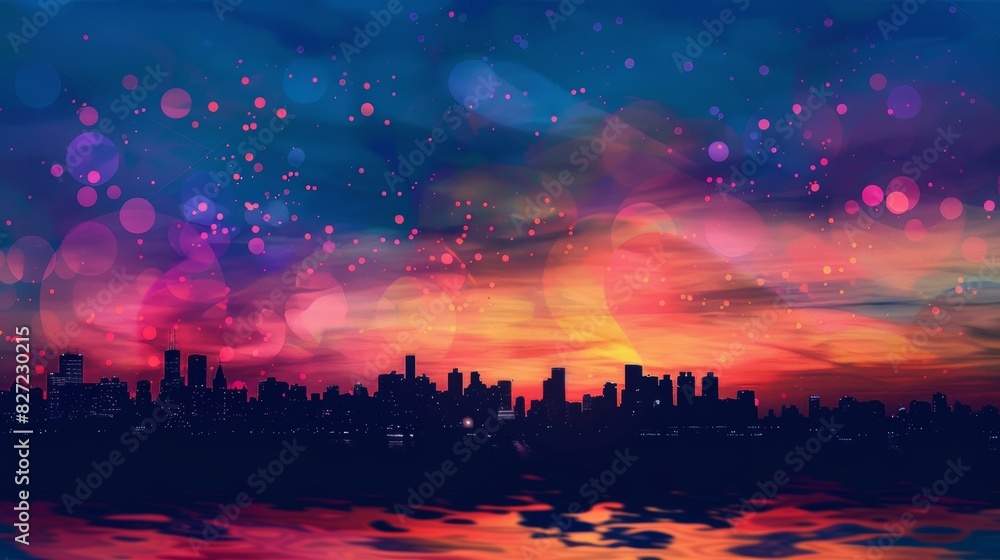 Stunning views of the city skyline in the distance. The silhouette contrasts with the colorful sunset. Stunning views of the city skyline in the distance. The silhouette contrasts with the colorful sunset.