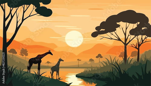 Giraffe in the savanna at sunset, vector illustration.