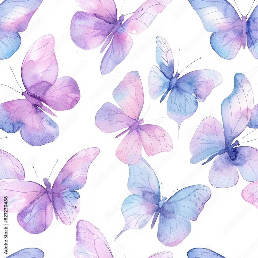 A seamless pattern with watercolor pastel pink and blue butterflies