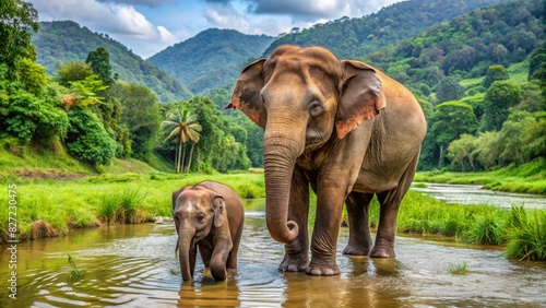 Elephants Crossing River in National Park. Generative AI © Irina