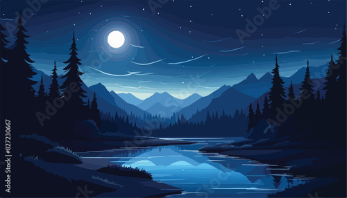 Landscape with mountain lake and forest at night. Vector illustration.