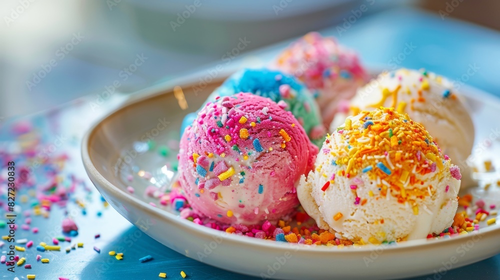 Colorful Ice Cream Scoops with Sprinkles on Plate Colorful Ice Cream Scoops with Sprinkles on Plate