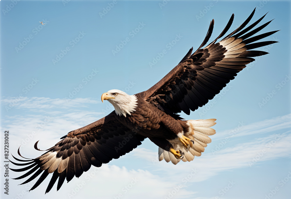 Obraz premium a bald eagle with a white head and yellow feet is flying in the sky