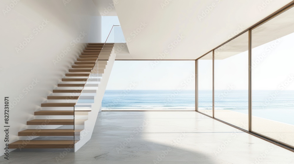 Fototapeta premium sleek wooden steps with minimalist glass support railing, modern staircase design