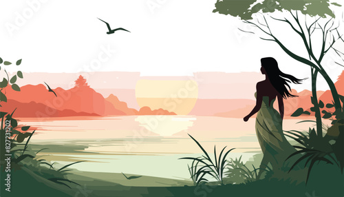 Vector illustration of a beautiful girl in a long dress on the river bank.