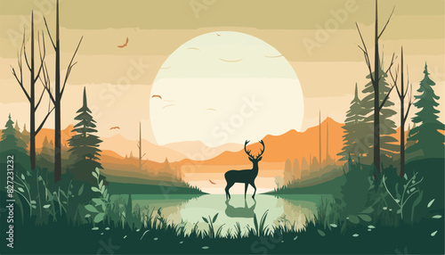 Deer in the forest at sunset. Vector illustration in flat style