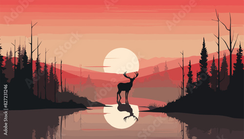 Silhouette of a deer in the forest at sunset. Vector illustration