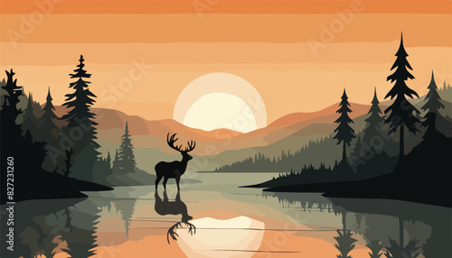 Silhouette of a deer in the forest. Vector illustration.