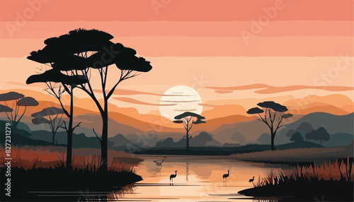 Landscape of savanna and lake with birds at sunset, vector illustration
