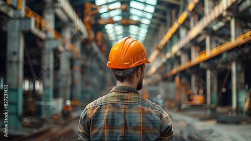 Smiling Construction Worker in Hard Hat Stands Amid Industrial Warehouse