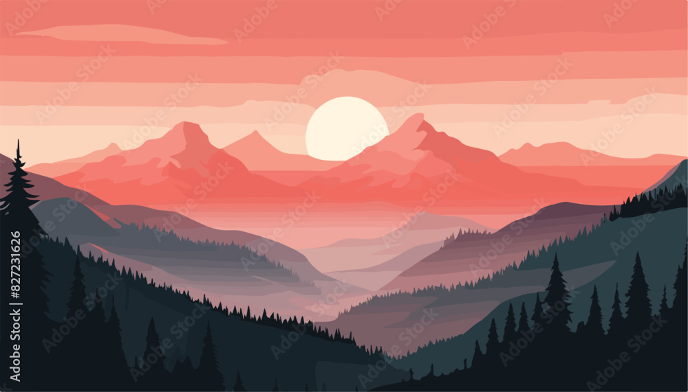 Obraz premium Mountains landscape with forest and sunset. Vector illustration in flat style