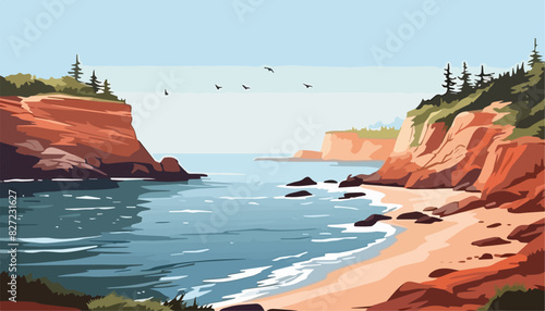 Seascape with sandstone cliffs and sea. Vector illustration.