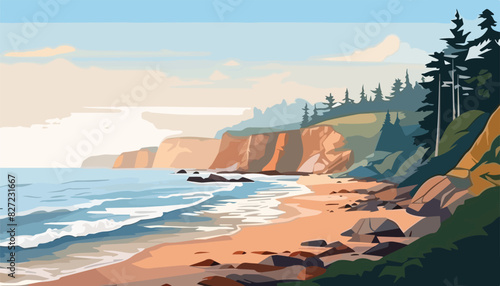 Seascape with sandstone cliffs and sea. Vector illustration.