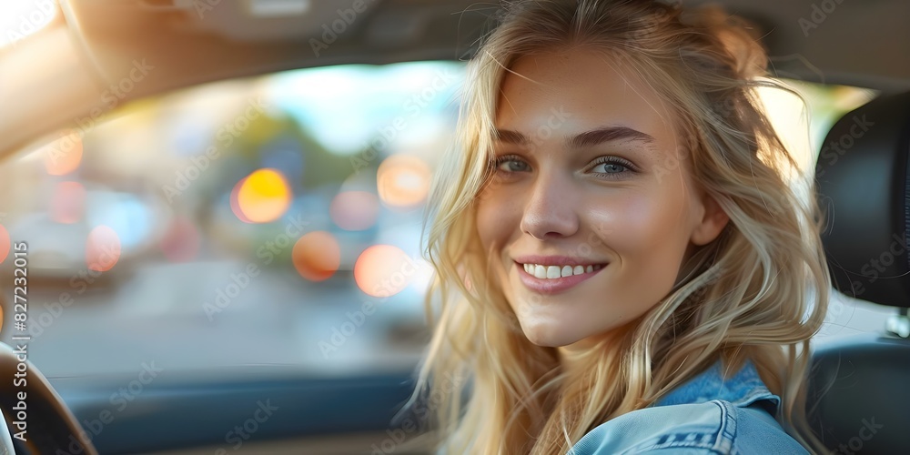 Confident young blonde woman happily driving car on city street. Concept Young women, confidence, driving, city streets, happiness Confident young blonde woman happily driving car on city street. Concept Young women, confidence, driving, city streets, happiness