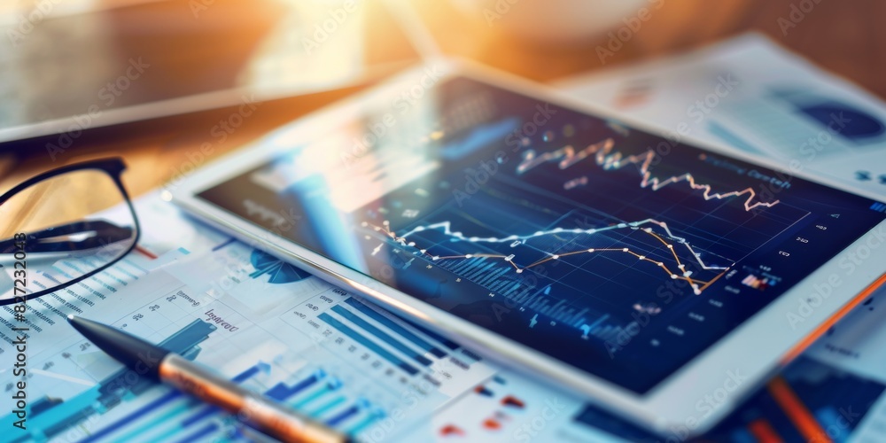 A tablet displaying data visualization with graphs and charts A tablet displaying data visualization with graphs and charts