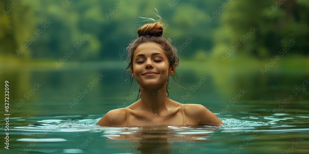 Fototapeta premium Embracing the Joy: A Woman Happily Diving into Lake Water. Concept Outdoors, Joyful, Lake Water, Female Portrait, Happiness