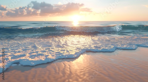 A beach at dawn with gentle waves and a clear sky