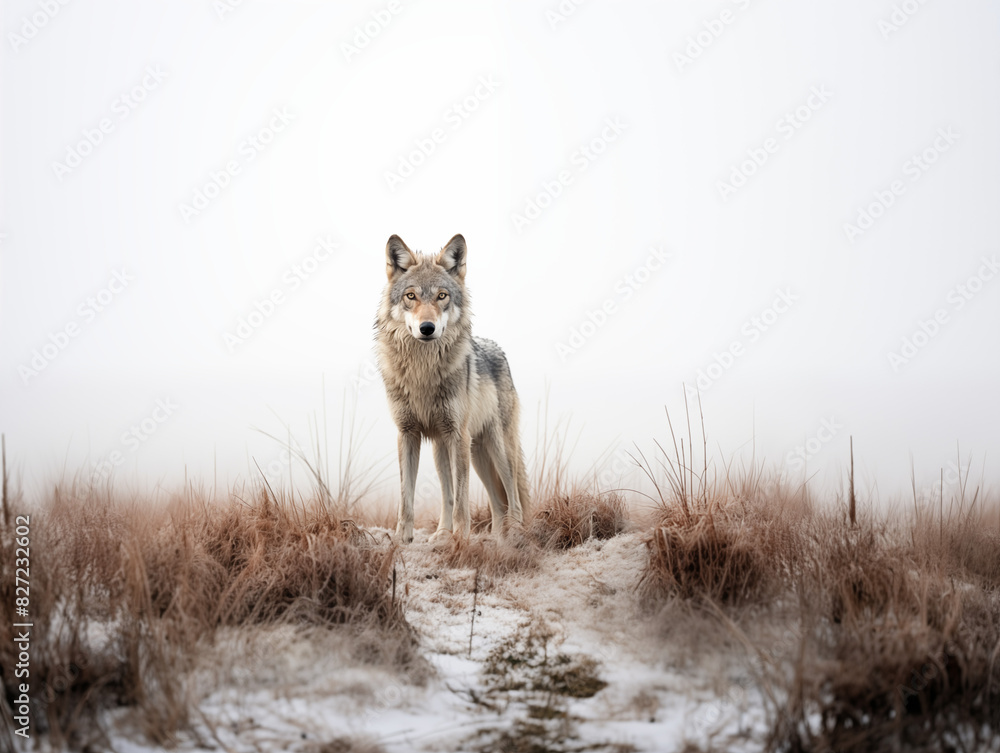 Fototapeta premium Wolf Standing In An Ancient, Foggy Battlefield