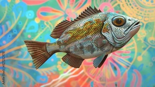 39 3D model of a fish icon with a colorful illustrated background photo