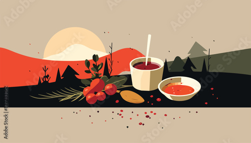 Vector illustration of a picnic in the forest. Flat style design.