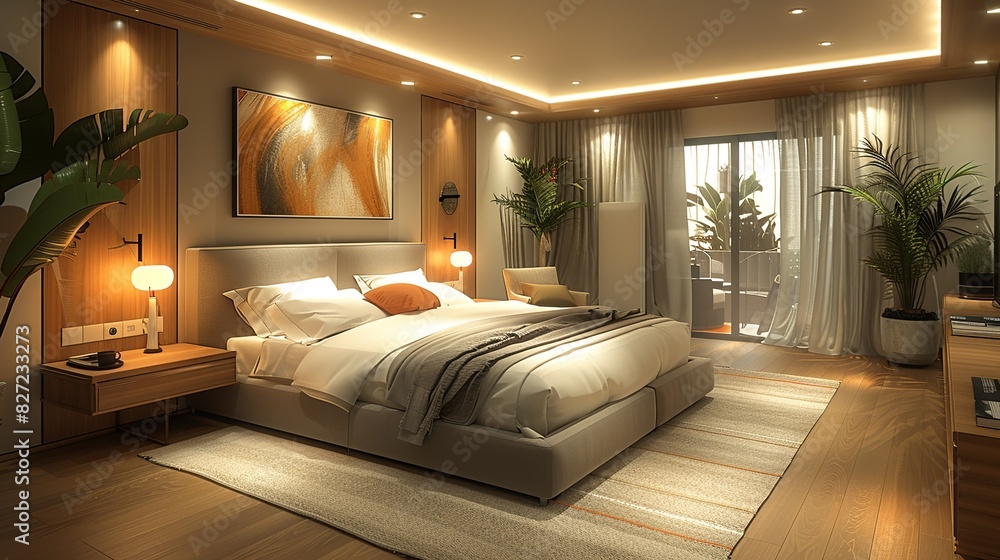 A modern, minimalist bedroom with a comfortable bed, sleek furnishings, and a calming color palette, depicted in a detailed 3D illustration.