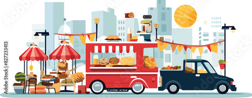 Street food truck. Street food truck in the city. Vector illustration.