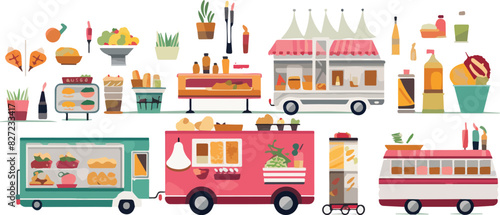 Food truck and food stall vector illustration. Street food truck and street food stall. Fast food kiosk with fruits and vegetables.