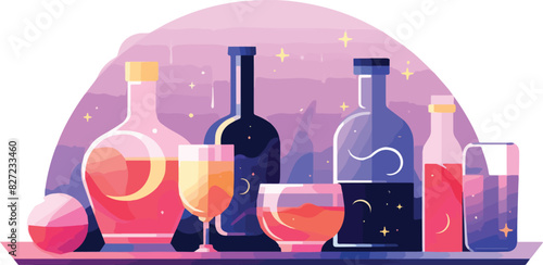 Alcoholic beverages flat vector illustration. Alcoholic drinks, bottles, glasses and glasses on bar counter.