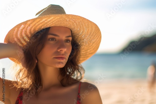Portrait of a beautiful woman with sun hat in a beach day