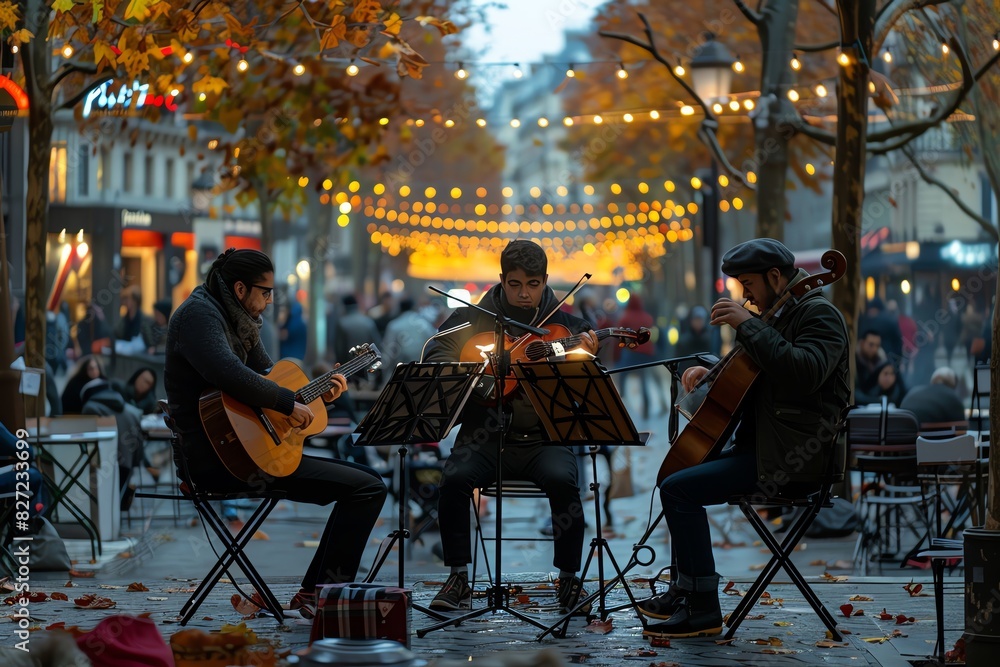 Street musicians in Paris playing Paris 2024 anthems, dusk, contemporary, lively ambiance Street musicians in Paris playing Paris 2024 anthems, dusk, contemporary, lively ambiance