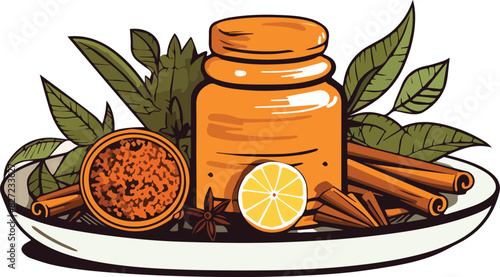 Illustration of a jar of cinnamon and honey surrounded by leaves.