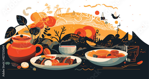 Vector illustration of Chinese tea time with traditional food and drink on dark background.