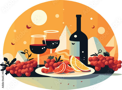 Illustration of a bottle of wine, grapes and oranges on a plate