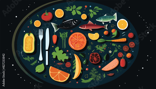 Vector illustration of healthy food on the black background. Healthy food concept.