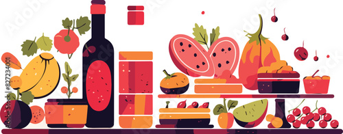 Vector illustration of fruits and vegetables on the shelf in the store.