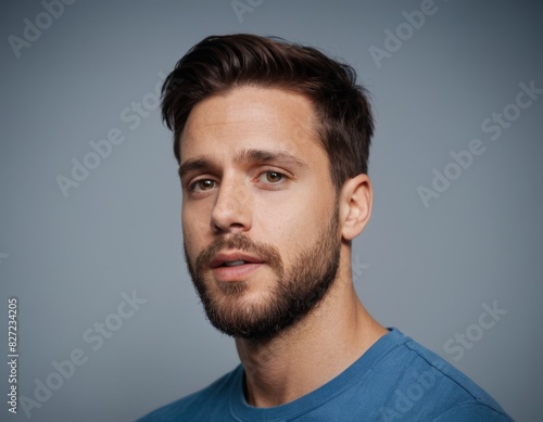 A man with a beard and a blue shirt is looking at the camera