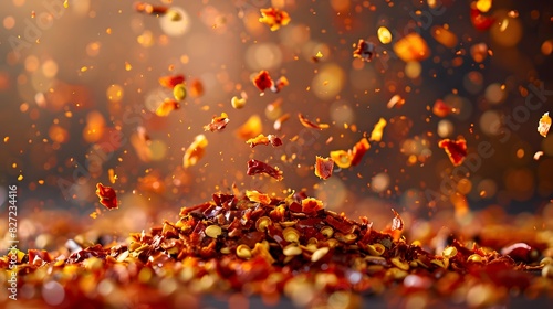 a macro shot of falling dried chili flakes