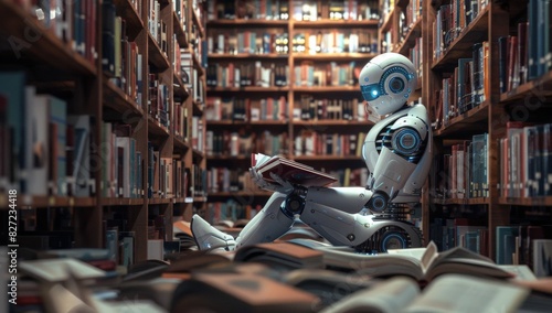 A white humanoid robot with a blue face is sitting in the center of an empty library