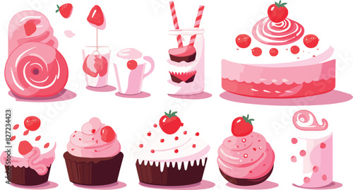 Set of sweet cakes and desserts in cartoon style. Vector illustration.